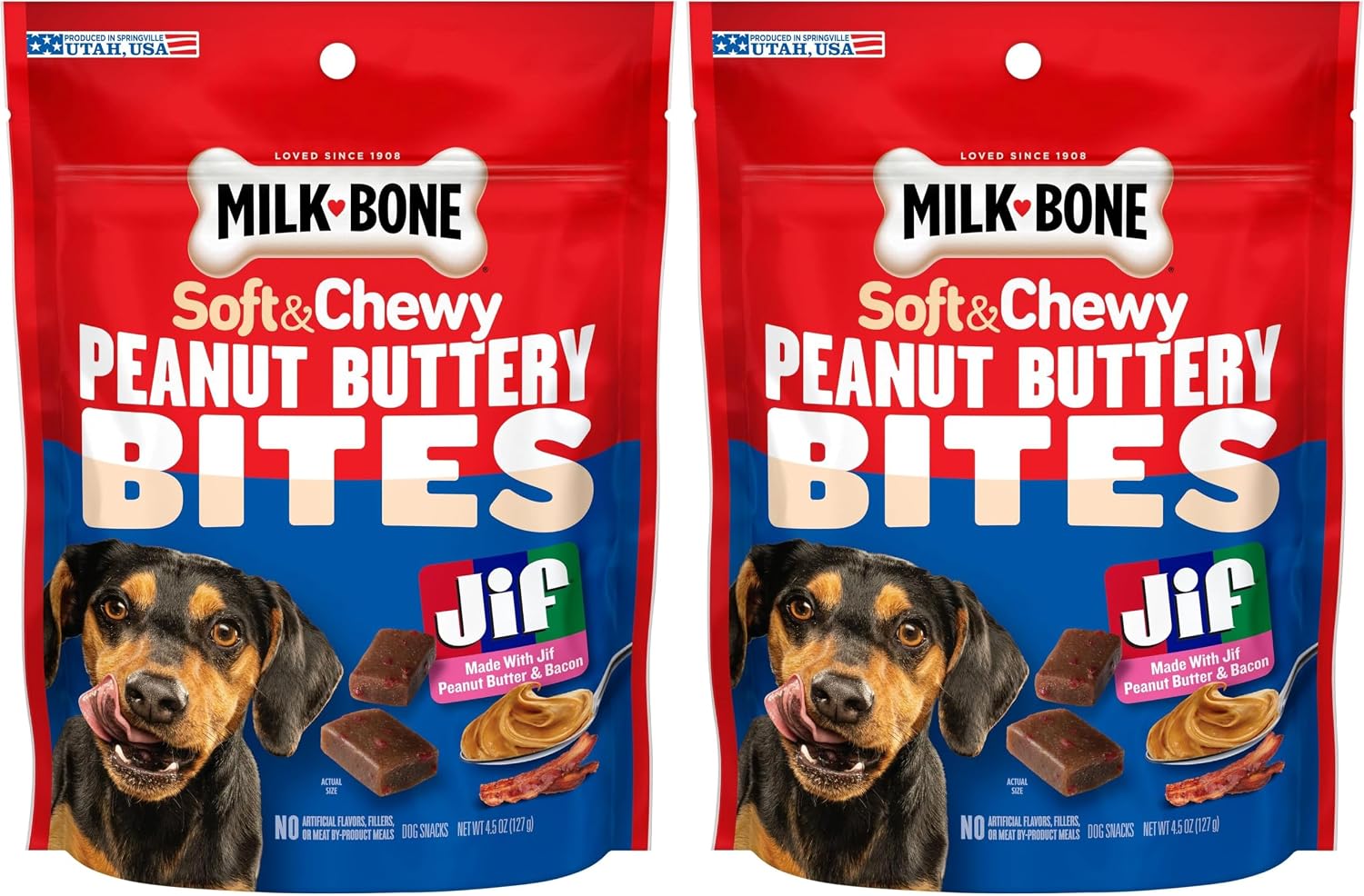 Milk-Bone Peanut Buttery Bites, Soft Dog Treats with Jif Peanut Butter & Real Bacon, 4.5 Oz. Bags (Pack of 2)
