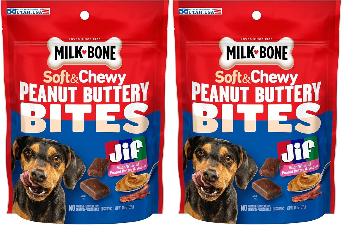 Milk-Bone Peanut Buttery Bites, Soft Dog Treats with Jif Peanut Butter & Real Bacon, 4.5 Oz. Bags (Pack of 2)