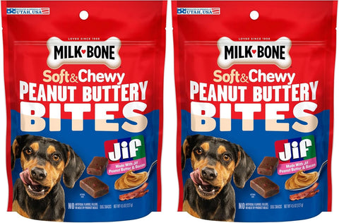 Milk-Bone Peanut Buttery Bites, Soft Dog Treats with Jif Peanut Butter & Real Bacon, 4.5 Oz. Bags (Pack of 2)