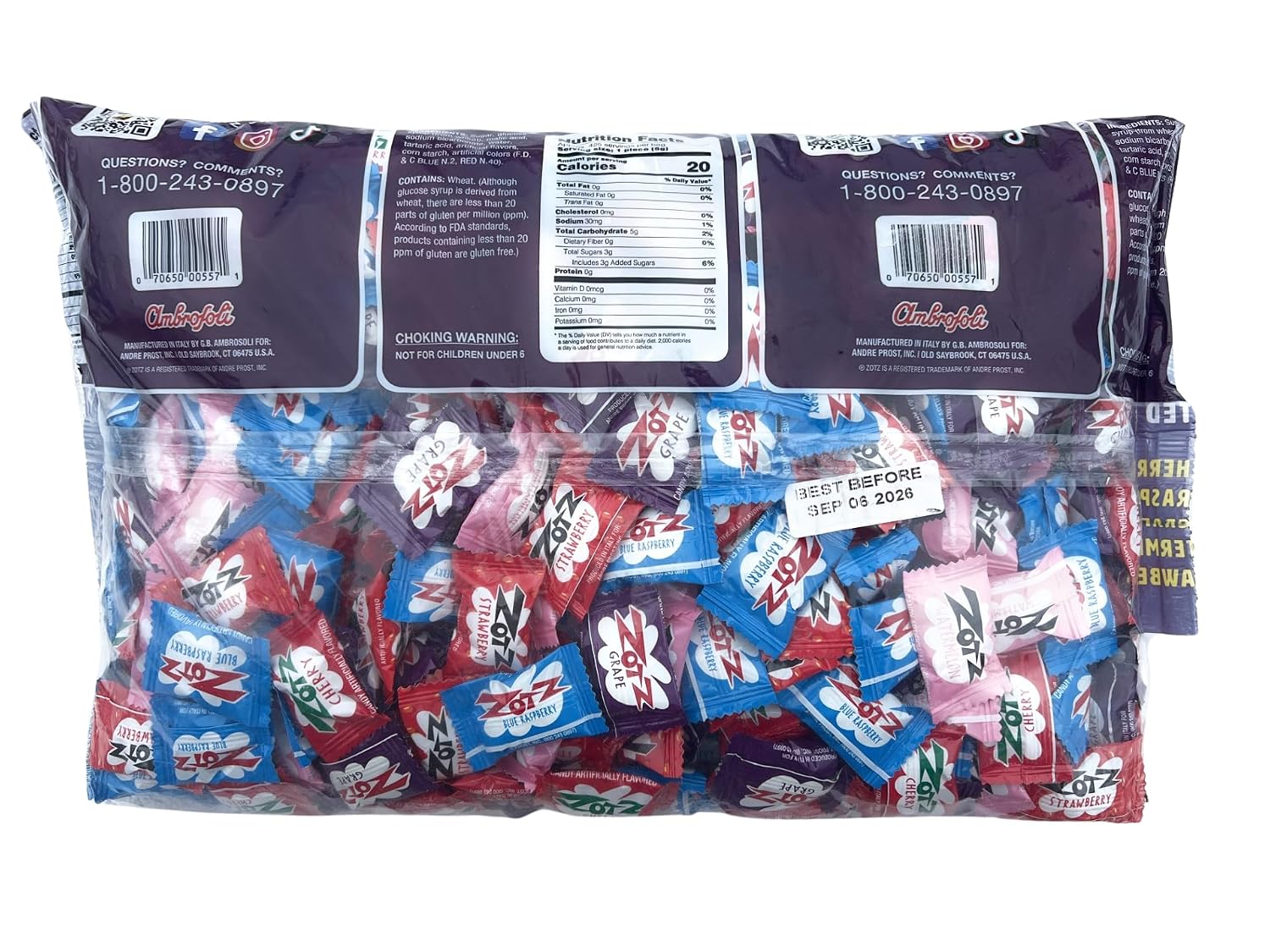 ZOTZ Fizzy Sour Candy Bulk - Retro Italian Hard Candy Individually Wrapped - Classic Nostalgic 7 Assorted Flavors Cherry, Watermelon, Strawberry, Blue Raspberry, Apple, Orange & Grape - 425 Pieces Bag for Party Favors, Goodie Bags, Piñata & Candy Buffet