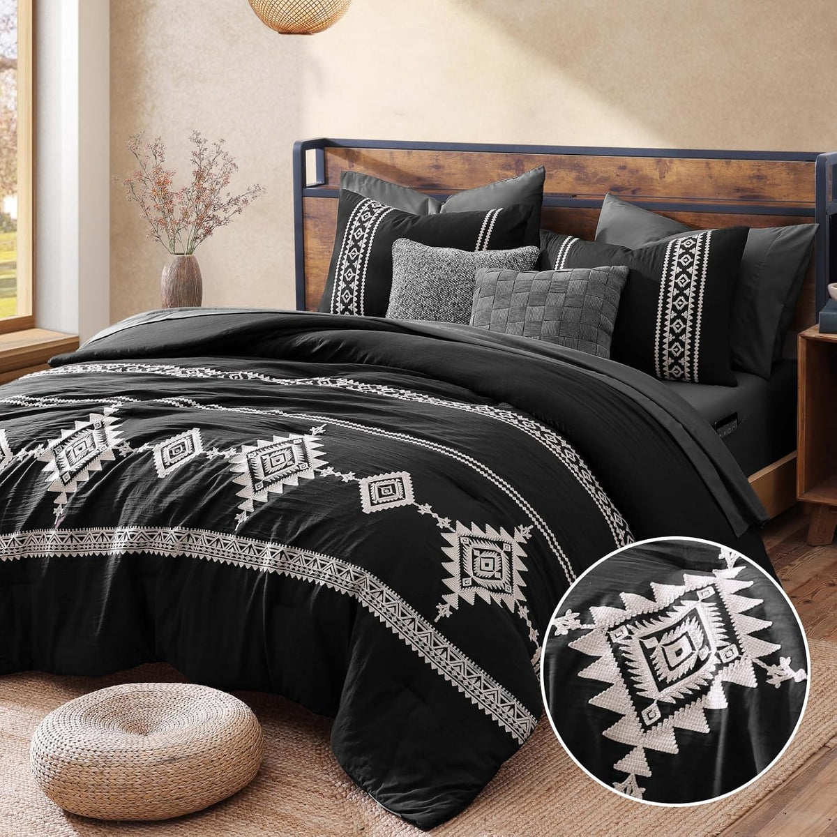 MaiRêve Embroidery Queen Comforter Set 7 Pieces Black Bed in a Bag