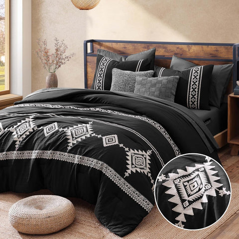 MaiRêve Embroidery Queen Comforter Set 7 Pieces Black Bed in a Bag
