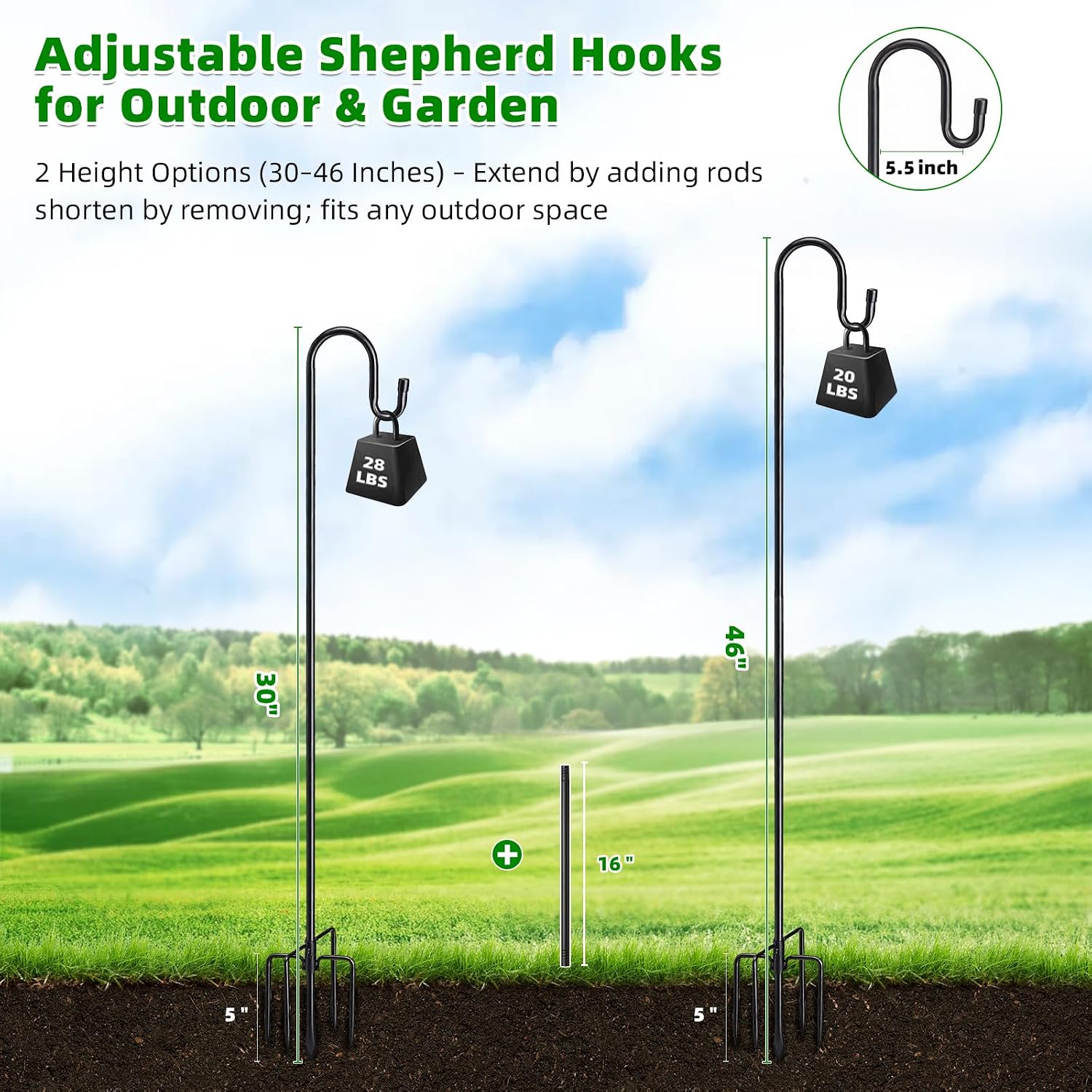 46" Heavy Duty Shepherds Hooks for Outdoor, Bird Feeder Pole with 5 Prong Base, Adjustable Height Shepherds Hook for Hummingbird Feeder, Bird Feeder, Plant, Wind Chimes,Lanterns,Wedding Decor (1 Pack)