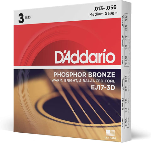 D'Addario EJ17-3D Phosphor Bronze Acoustic Guitar Strings 13-56, 3 Sets