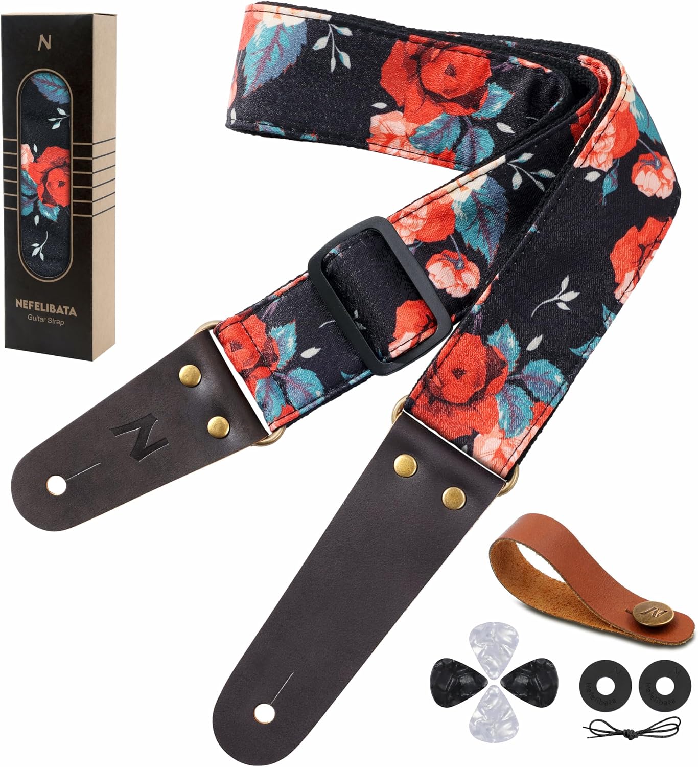 Nefelibata Guitar Strap, Cotton Print Rose Guitar Straps with Head Cowhide Leather Ends for Bass, Electric & Acoustic Guitars, Free Strap Button, 1 Pair Strap Locks and 4 Guitar Picks