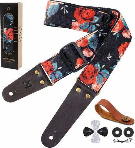 Nefelibata Guitar Strap, Cotton Print Rose Guitar Straps with Head Cowhide Leather Ends for Bass, Electric & Acoustic Guitars, Free Strap Button, 1 Pair Strap Locks and 4 Guitar Picks