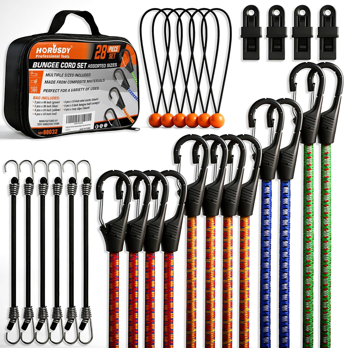 HORUSDY 28-Piece Premium Bungee Cords with Hooks, Includes 10”, 18”, 24”, 36”, 48”, Bungee Cord Assortment (10 to 48 Inch)