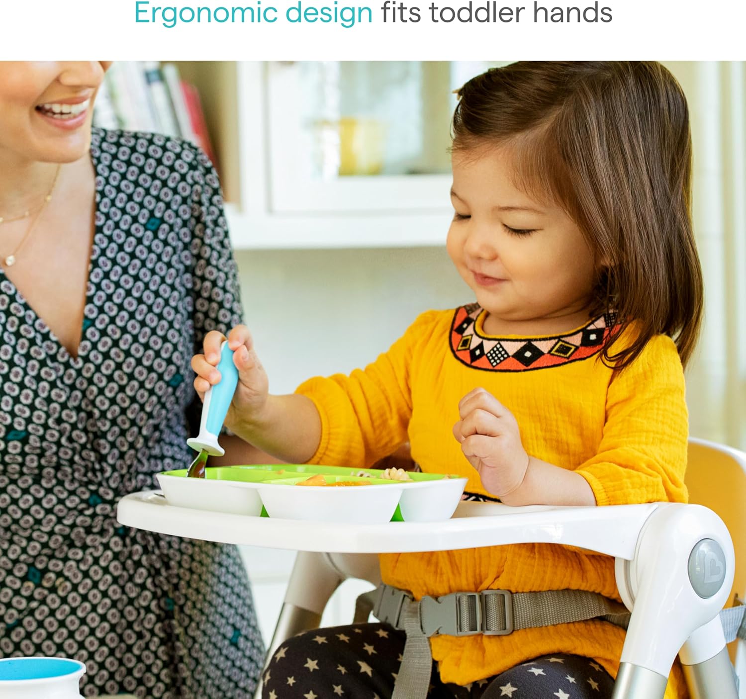 Munchkin® Raise™ Toddler Fork and Spoon Utensil Set, Rest Keeps Tip Off Table, BPA Free, 4 Pack, Blue/Green