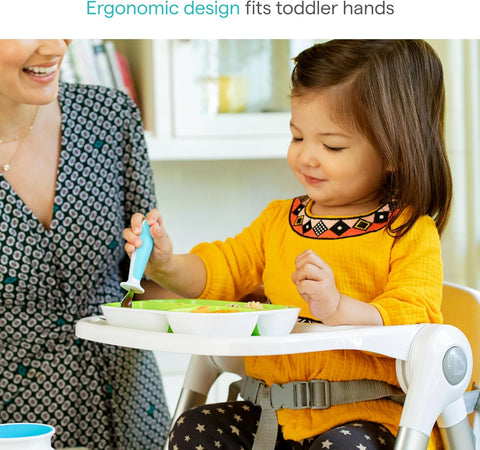 Munchkin® Raise™ Toddler Fork and Spoon Utensil Set, Rest Keeps Tip Off Table, BPA Free, 4 Pack, Blue/Green