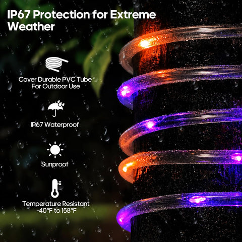 Halloween Decoration Solar Rope Lights 66FT 200LED 1800mAh -Purple & Orange