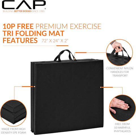 CAP Barbell Folding Exercise Mat – Durable, Anti-Tear, Thick Padding for Fitness, Aerobics, Gymnastics & Home Workouts. 72"L x 24"W x 2"Thick. BLACK