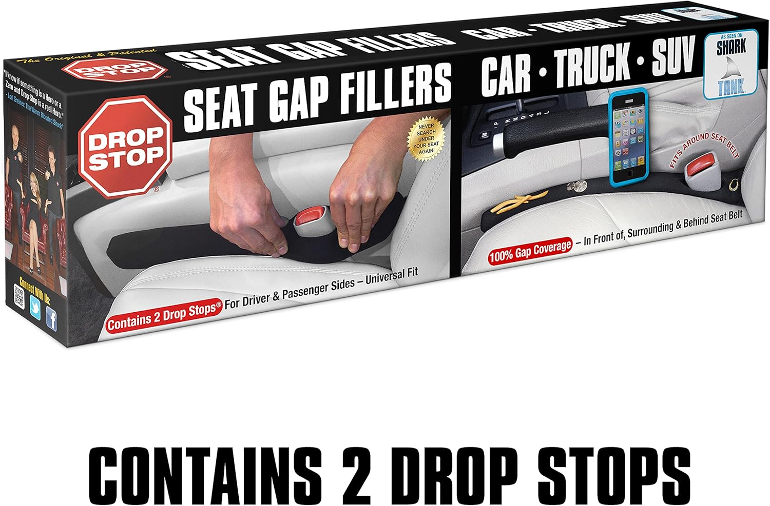 Drop Stop – 2 Original Car Seat Gap Fillers (Shark Tank) + Dash Pad + Light
