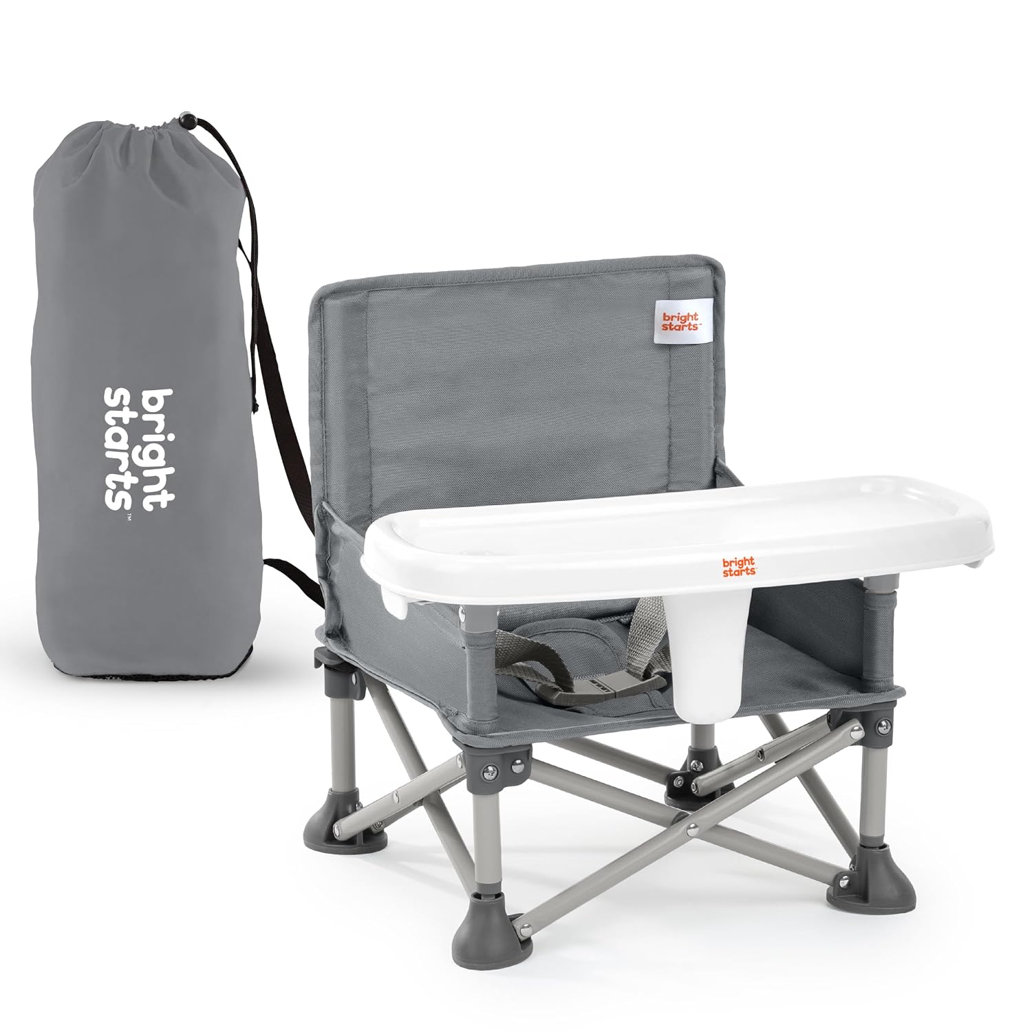 Bright Starts Pop ‘N Sit Portable Booster Seat, 3-in-1 Floor Seat, Travel High Chair & Toddler Booster with Feeding Tray, Indoor/Outdoor, Grey, 6 Months–3 Years