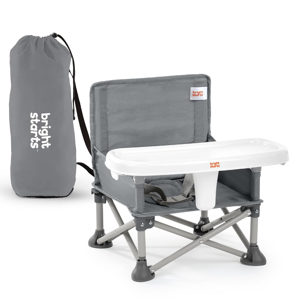 Bright Starts Pop ‘N Sit Portable Booster Seat, 3-in-1 Floor Seat, Travel High Chair & Toddler Booster with Feeding Tray, Indoor/Outdoor, Grey, 6 Months–3 Years