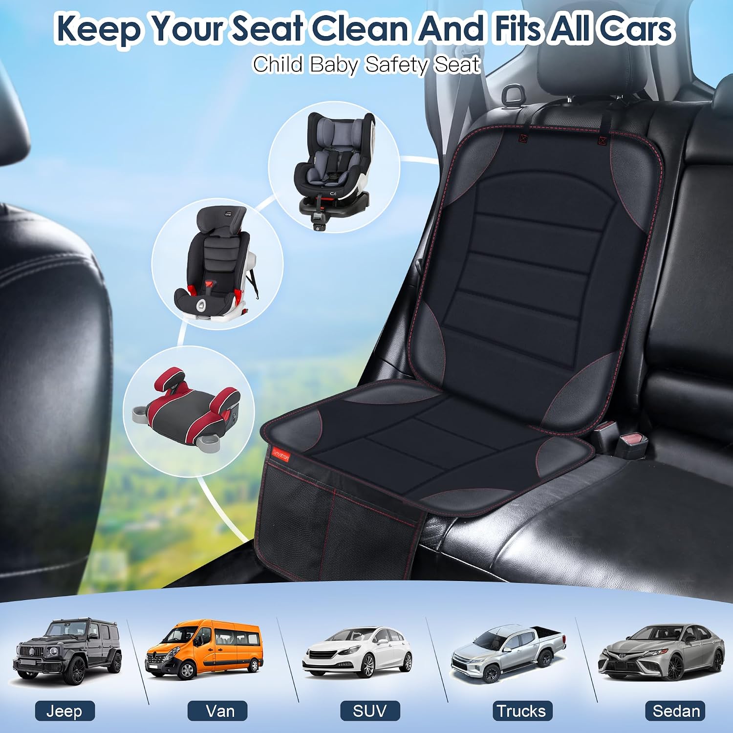 Sinvitron Car Seat Protector for Child Car Seat - Waterproof Non-Slip Leather Mat with 2 Mesh Pockets, Universal Seat Cover for Baby, Pets & Vehicles (1-Pack, Black)