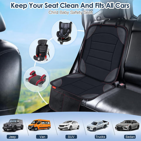 Sinvitron Car Seat Protector for Child Car Seat - Waterproof Non-Slip Leather Mat with 2 Mesh Pockets, Universal Seat Cover for Baby, Pets & Vehicles (1-Pack, Black)