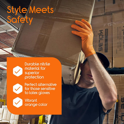 Inspire Heavy Duty Orange Nitrile Gloves | ULTRA 8 Mil Diamond Textured Grip | Industrial Mechanic Disposable Cleaning Gloves