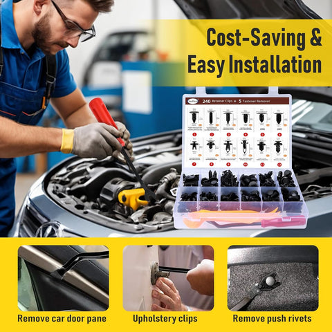 240PCS Car Bumper Retainer Clips Kit - Auto Plastic Rivets & Push Fasteners Set, Most Popular Sizes for Door Trim, Panel, Fender - Compatible with GM, Ford, Toyota, Honda, Chrysler