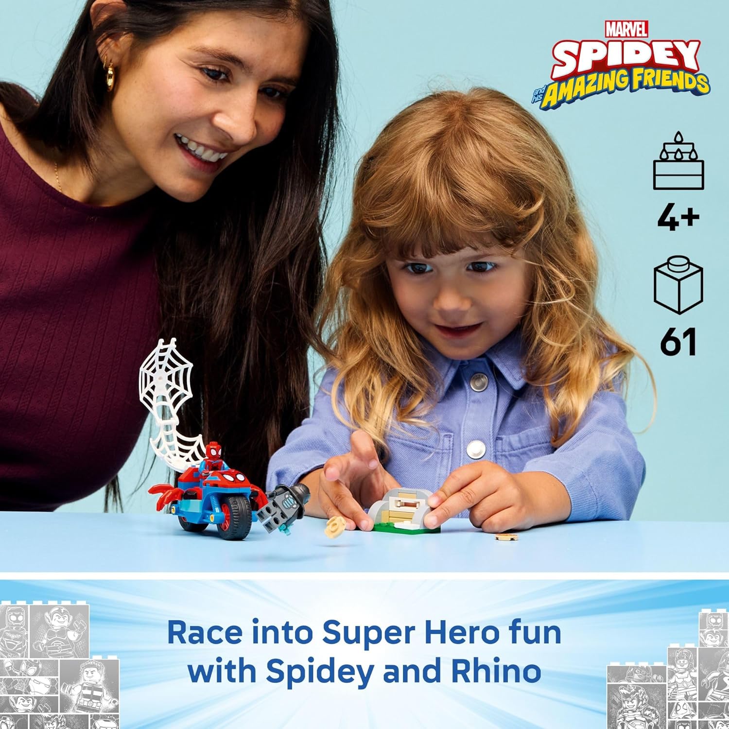 LEGO Marvel Spidey and His Amazing Friends Spidey on his Motorcycle vs. Rhino Building Toy for Kids - Super Hero Pretend Playset for Preschool Boys & Girls, Ages 4+ - Gift Idea for Birthdays - 11206