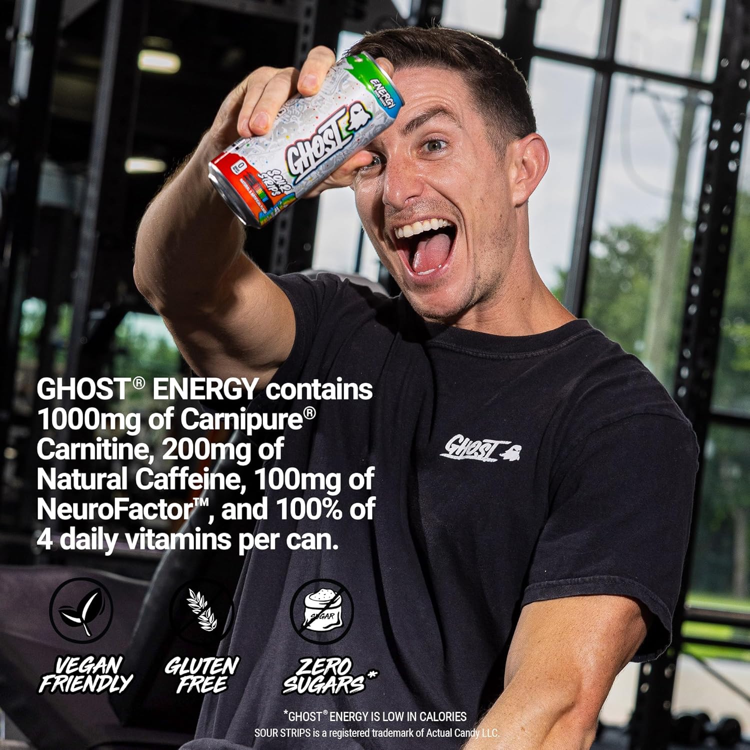 GHOST Energy Drink, Zero Sugars, 12-Pack, Sour Strips Rainbow, 16oz