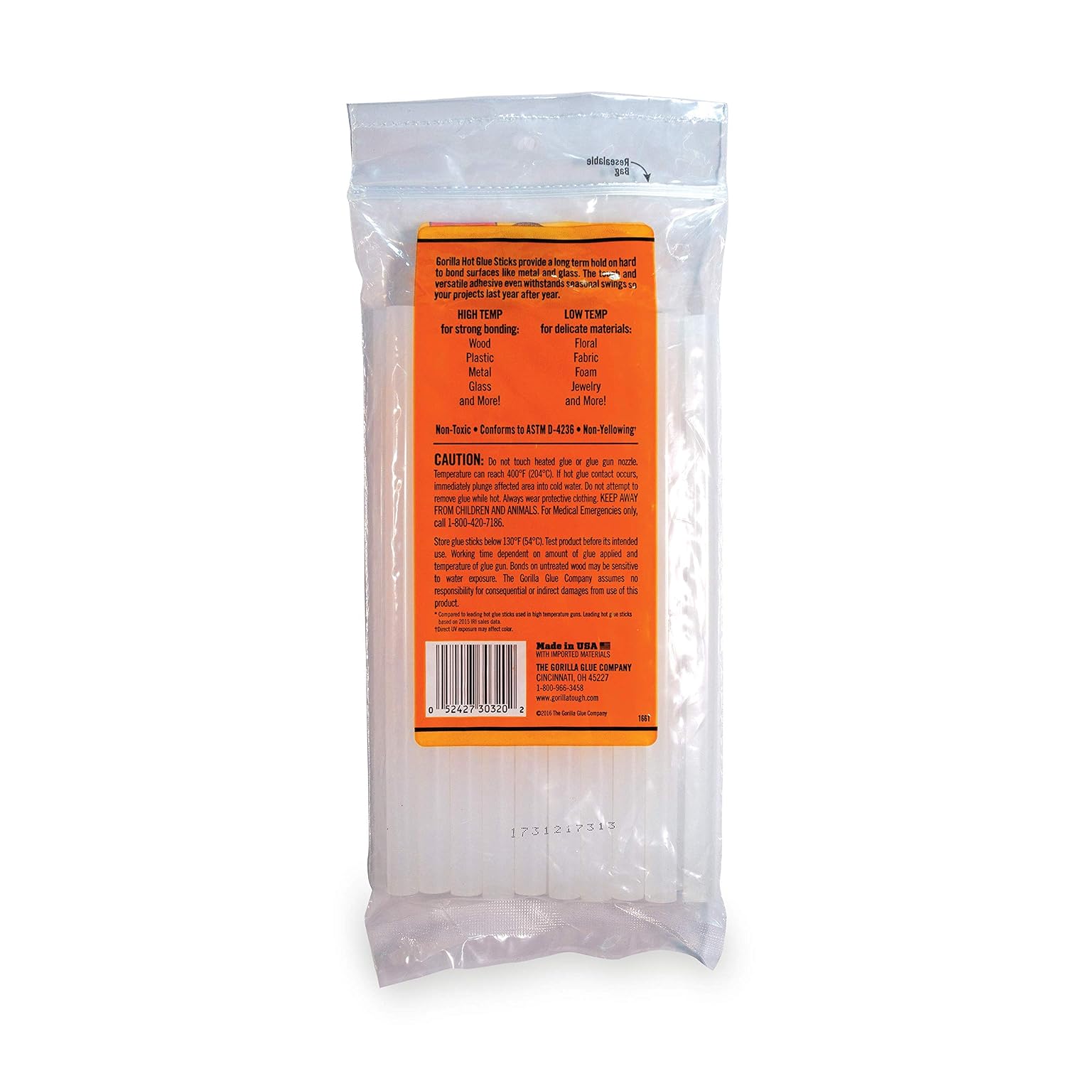 Gorilla Hot Glue Sticks, Clear, Full Size, 8" x 0.43", 20 Count