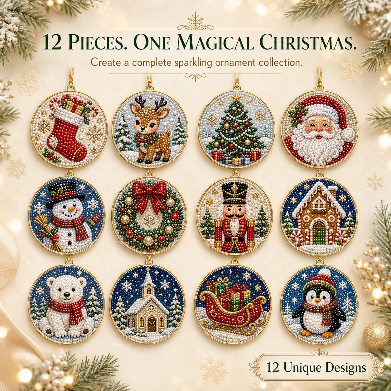 12pcs Diamond Painting Art Christmas Ornaments, DIY Pearl Diamond Art Kits for Adults Hanging Pendant Style Pearl Art Kits for Adults Christmas Decor Craft C