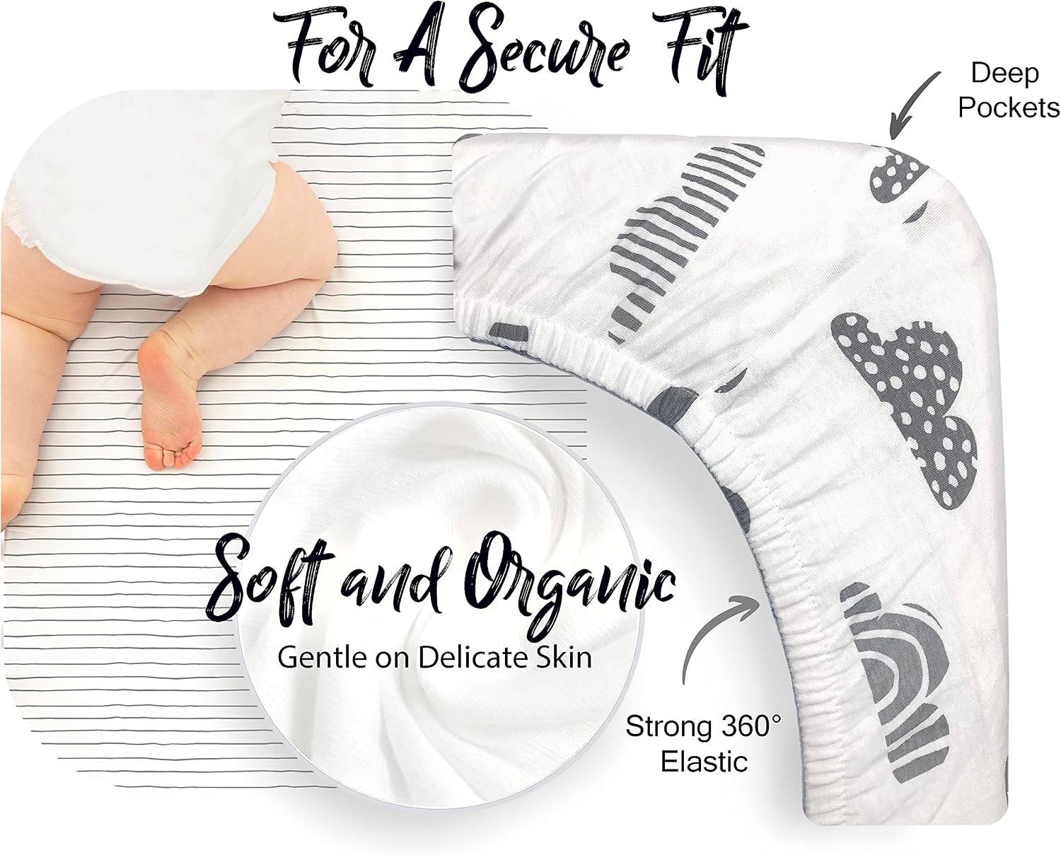 100% Organic Cotton 2 Pk Bedside Sleeper Bassinet Fitted Mattress Sheets Perfectly Compatible with Mika Micky, Baby Delight, Ronbei, Chicco, Cloud Baby, AMKE, Angelbliss, Arm's Reach. Cloud, Stripe