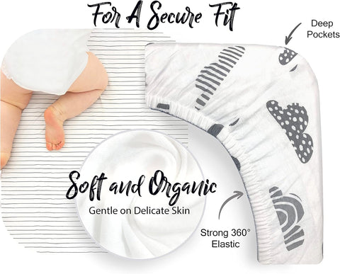 100% Organic Cotton 2 Pk Bedside Sleeper Bassinet Fitted Mattress Sheets Perfectly Compatible with Mika Micky, Baby Delight, Ronbei, Chicco, Cloud Baby, AMKE, Angelbliss, Arm's Reach. Cloud, Stripe