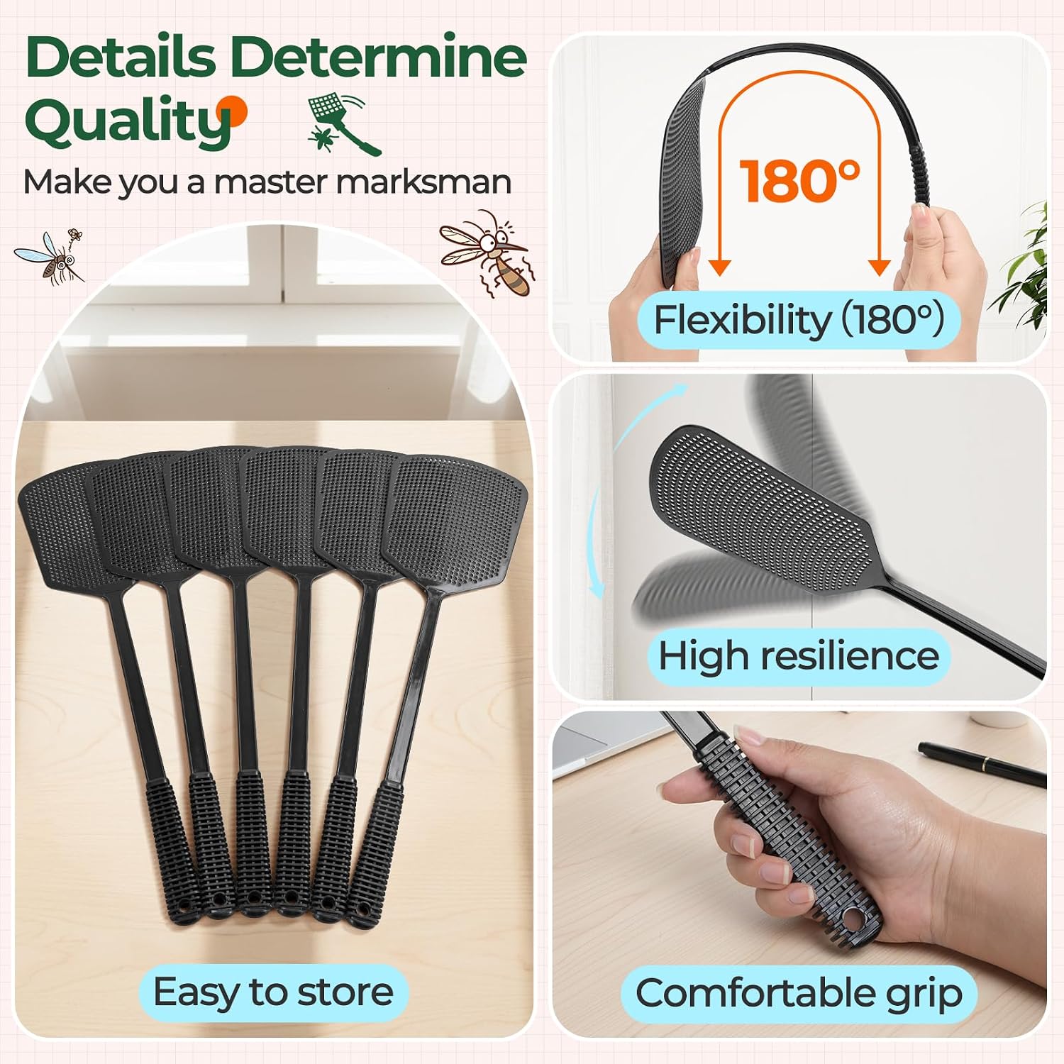 Fly Swatter, Indoor & Outdoor, Flexible Thick Handle, Large Durable Swat Head – Pack of 4