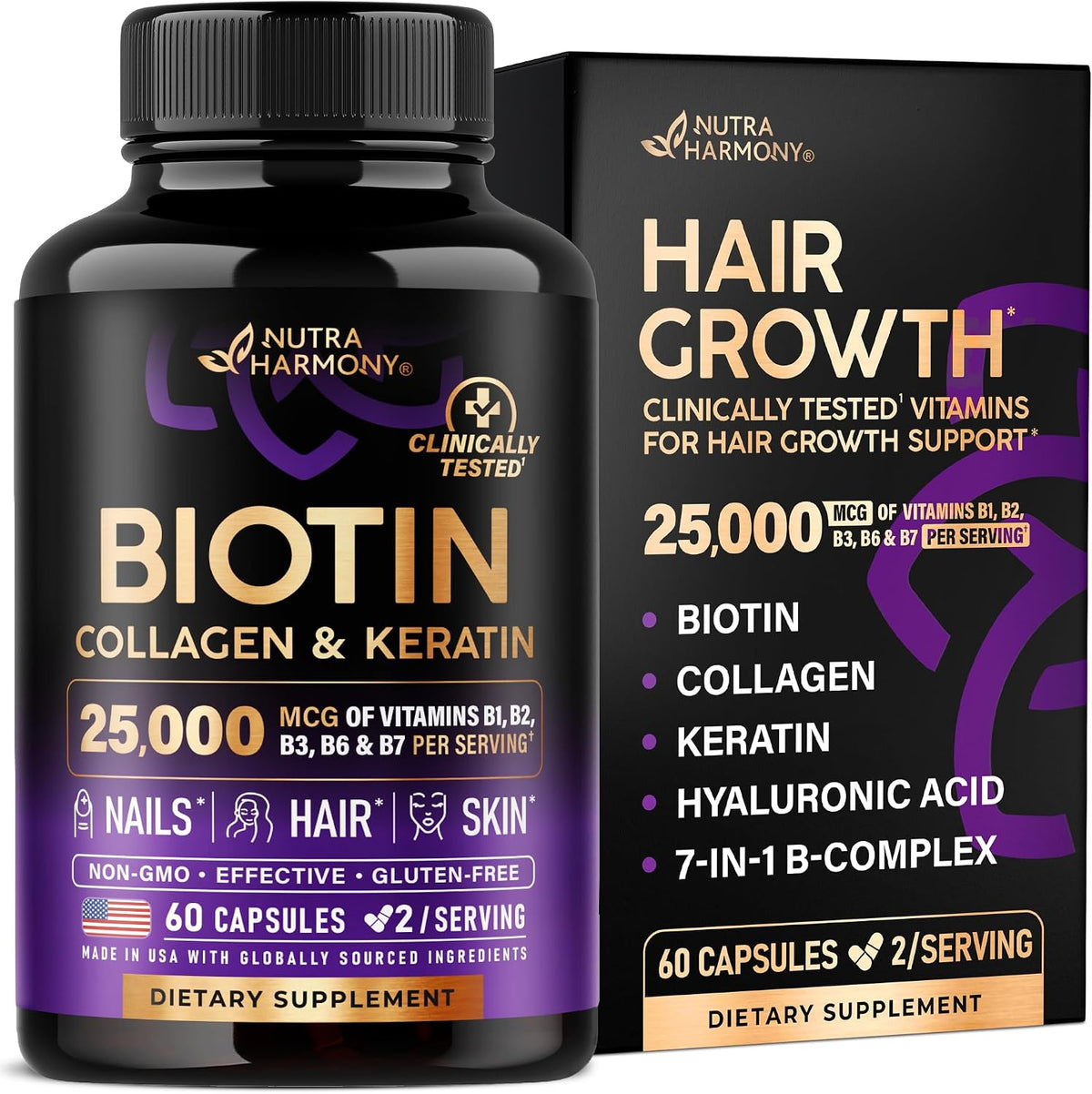 Biotin, Collagen, Hyaluronic Acid & Keratin - Hair Growth Support - 60 Caps