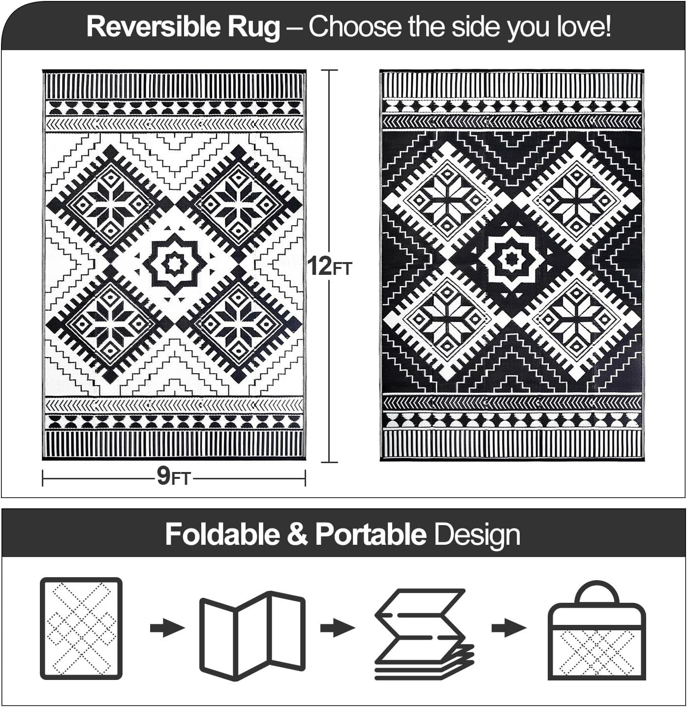 Waterproof Outdoor Rug 9x12ft, Boho Reversible Plastic Straw Mat for Patio RV Deck Porch Backyard Balcony Camping Picnic Beach Indoor Outdoor Carpet, Black&White