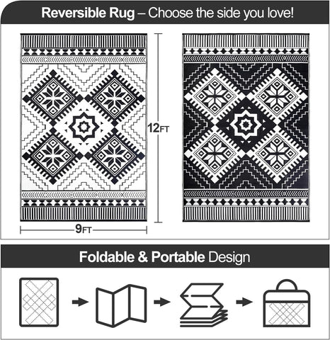 Waterproof Outdoor Rug 9x12ft, Boho Reversible Plastic Straw Mat for Patio RV Deck Porch Backyard Balcony Camping Picnic Beach Indoor Outdoor Carpet, Black&White