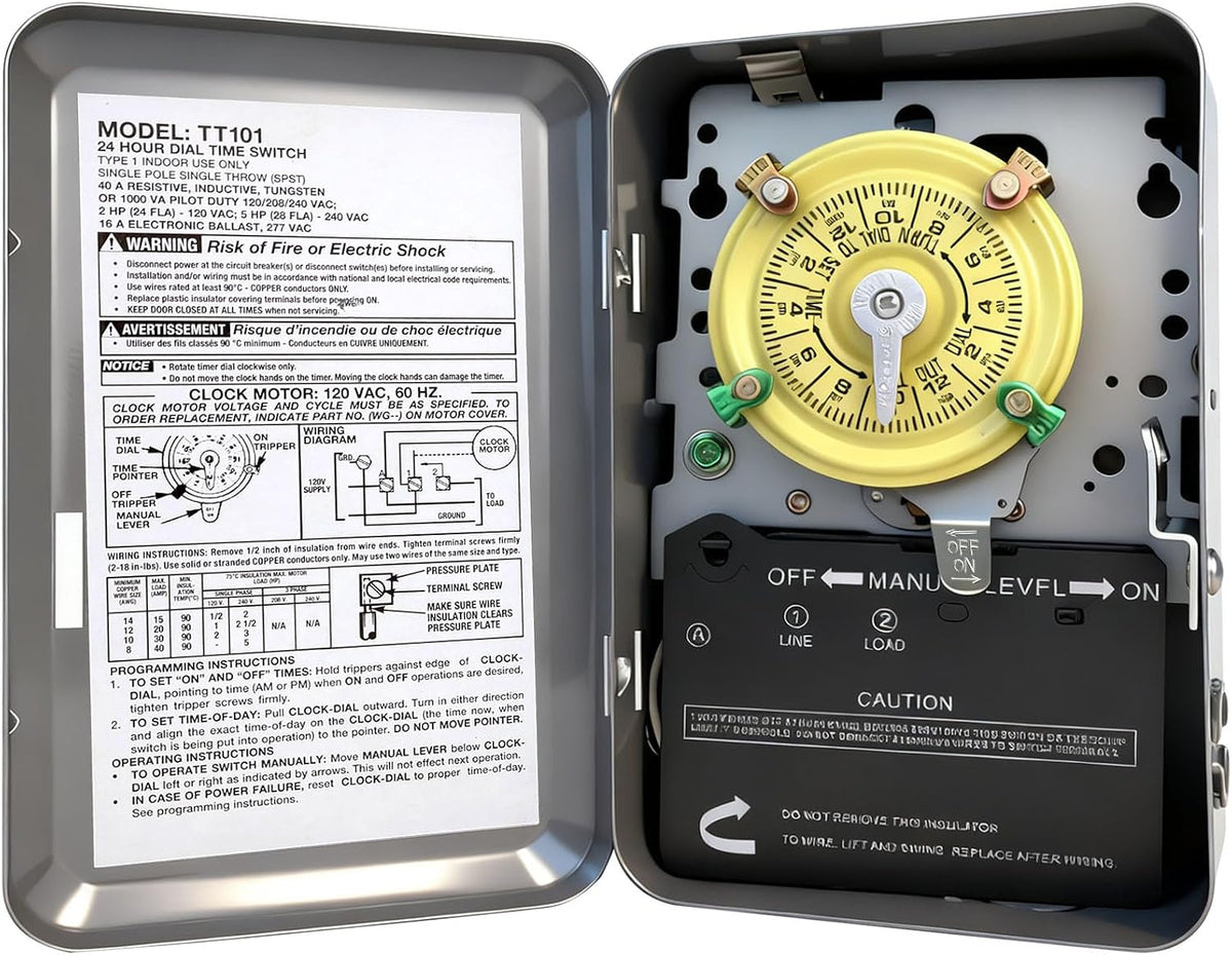 T101 Mechanical Timer Switch, T101 Pool Timer, 120V 2HP SPST 40A Time Switch, 24 Hour 12 ON/Off for Pool Pump, Heavy-Duty Mechanical Time Switches, for Lights Pumps HVAC Systems, 5 Years Warranty