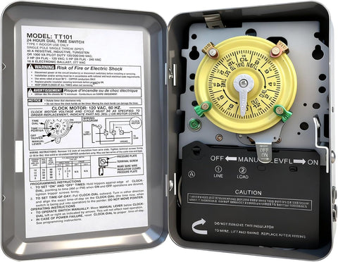 T101 Mechanical Timer Switch, T101 Pool Timer, 120V 2HP SPST 40A Time Switch, 24 Hour 12 ON/Off for Pool Pump, Heavy-Duty Mechanical Time Switches, for Lights Pumps HVAC Systems, 5 Years Warranty