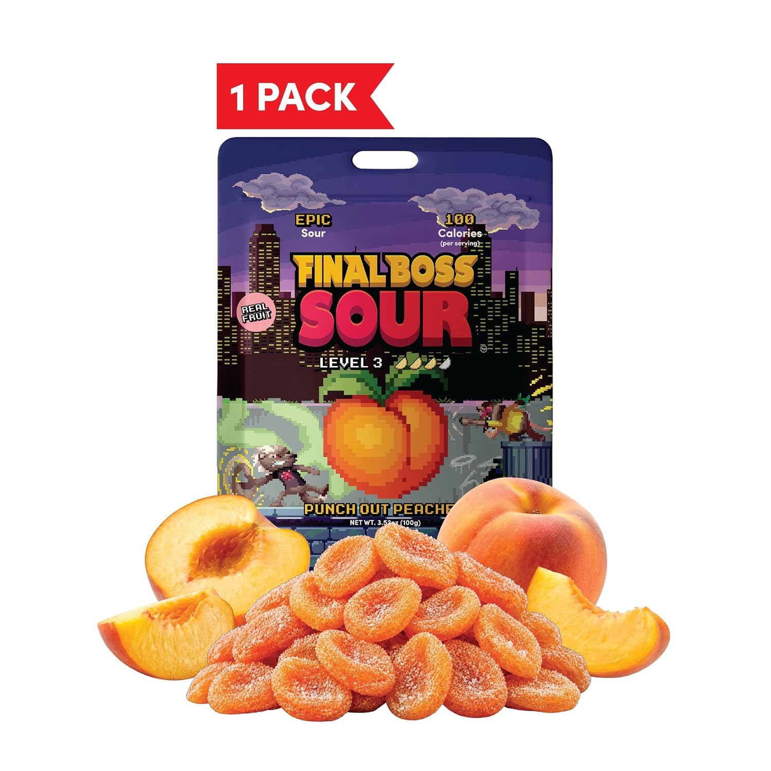 Final Boss Sour Fruit Candy, Punch-Out Peaches, Level 3, 1 Pack