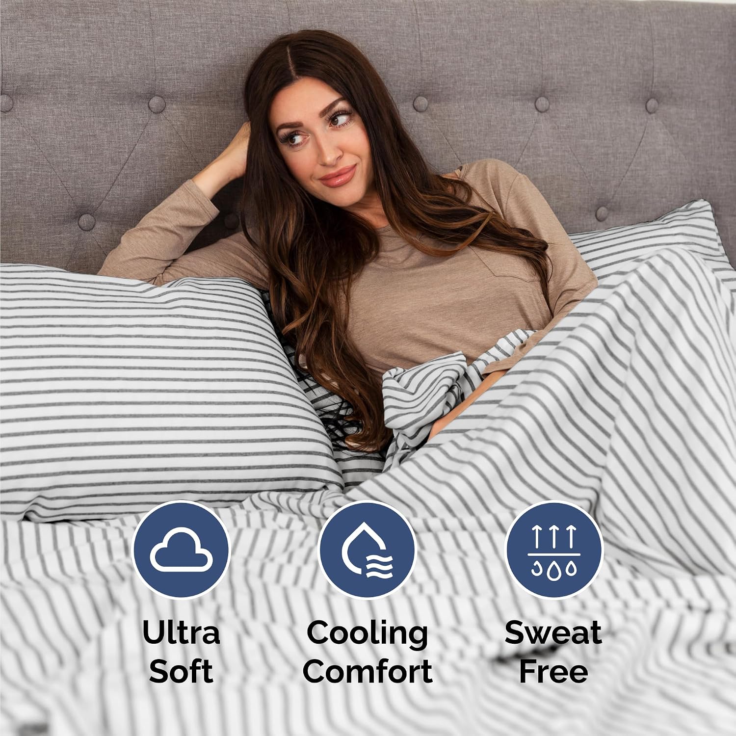 CGK Queen 6pc Bed Sheet Set - Breathable & Cooling - Grey Stripes