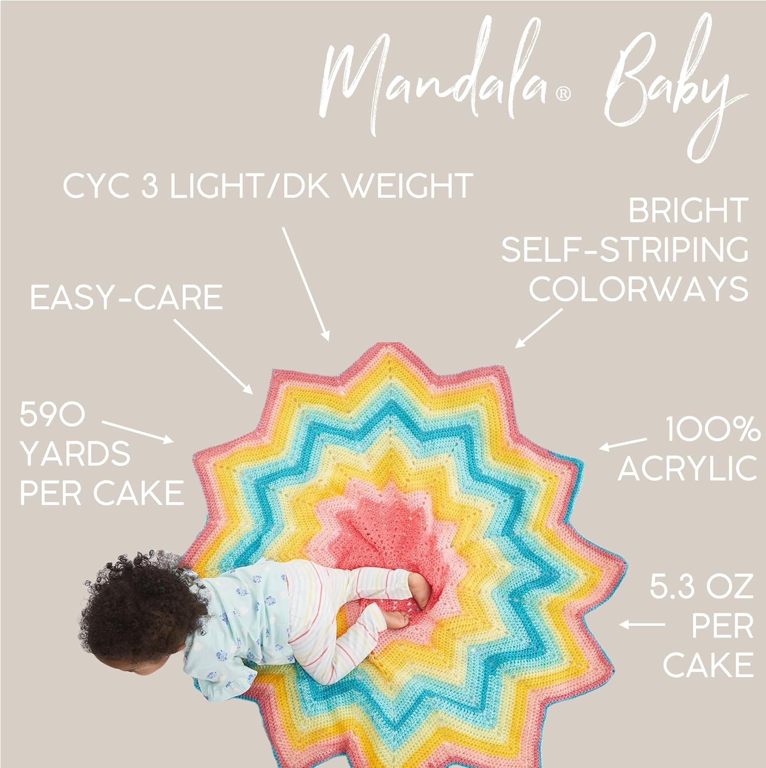 (3 Pack) Lion Brand Yarn Mandala Baby Yarn, Rainbow Falls