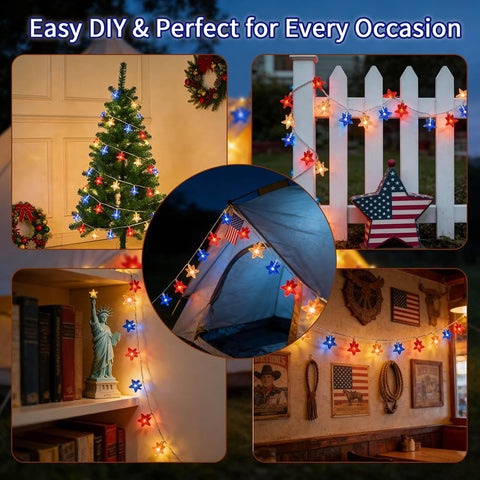 Red White Blue Patriotic String Lights 20FT 40 LED Star Fairy Lights USB and Battery Operated 2 Lighting Modes IP42 Waterproof Indoor Outdoor All Season Americana Decor for Bedroom Desk Patio Camping