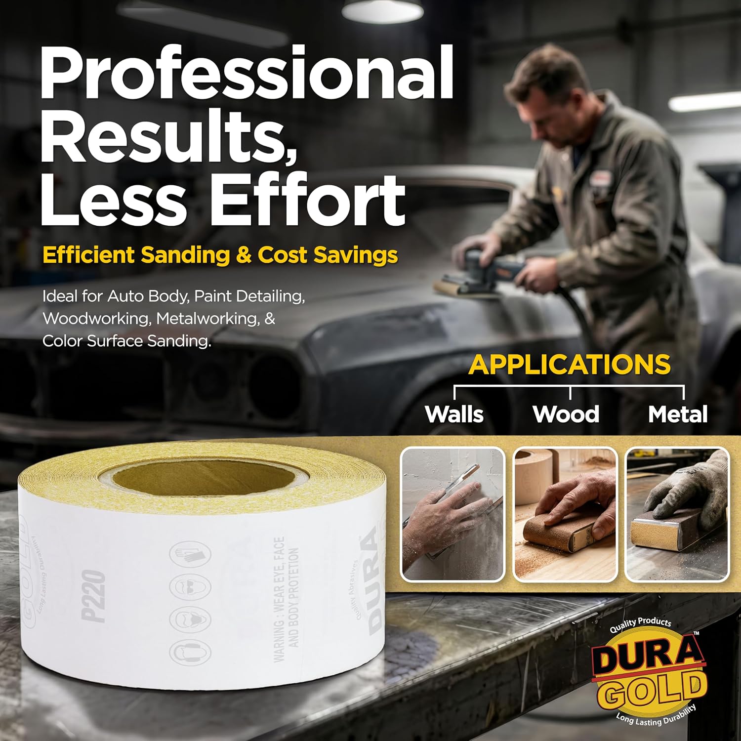 Dura-Gold Gold PSA Longboard Sandpaper, 220 Grit, 20 Yard Roll, 2-3/4" Wide