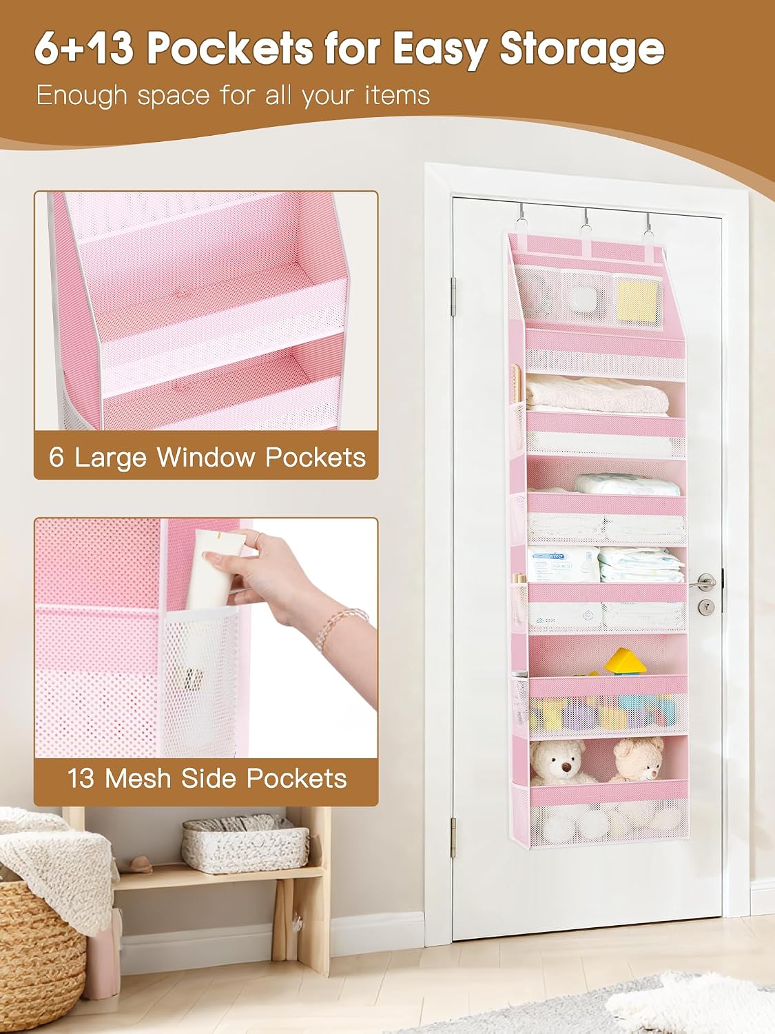 Criusia Over the Door Organizer, 6-Shelf Closet Hanging Storage with 13 Mesh Pockets, 55lbs Capacity Behind the Door Storage for Baby Nursery, Bathroom, Bedroom, and Dorm, Pink