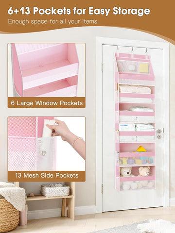 Criusia Over the Door Organizer, 6-Shelf Closet Hanging Storage with 13 Mesh Pockets, 55lbs Capacity Behind the Door Storage for Baby Nursery, Bathroom, Bedroom, and Dorm, Pink