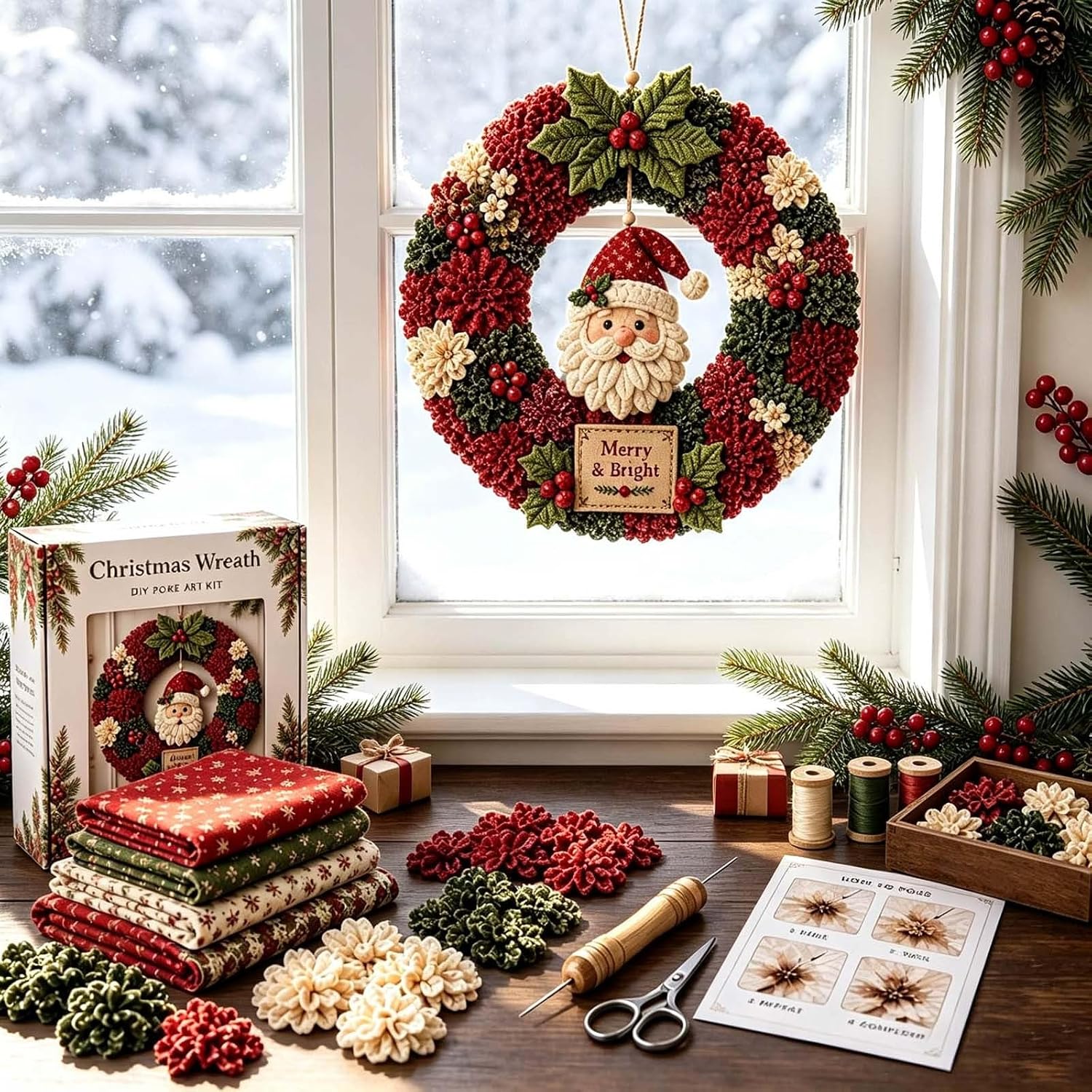 FAVIPT 3D Fabric Poke Wreath DIY Kit, Christmas Wreath DIY Kits for Adults