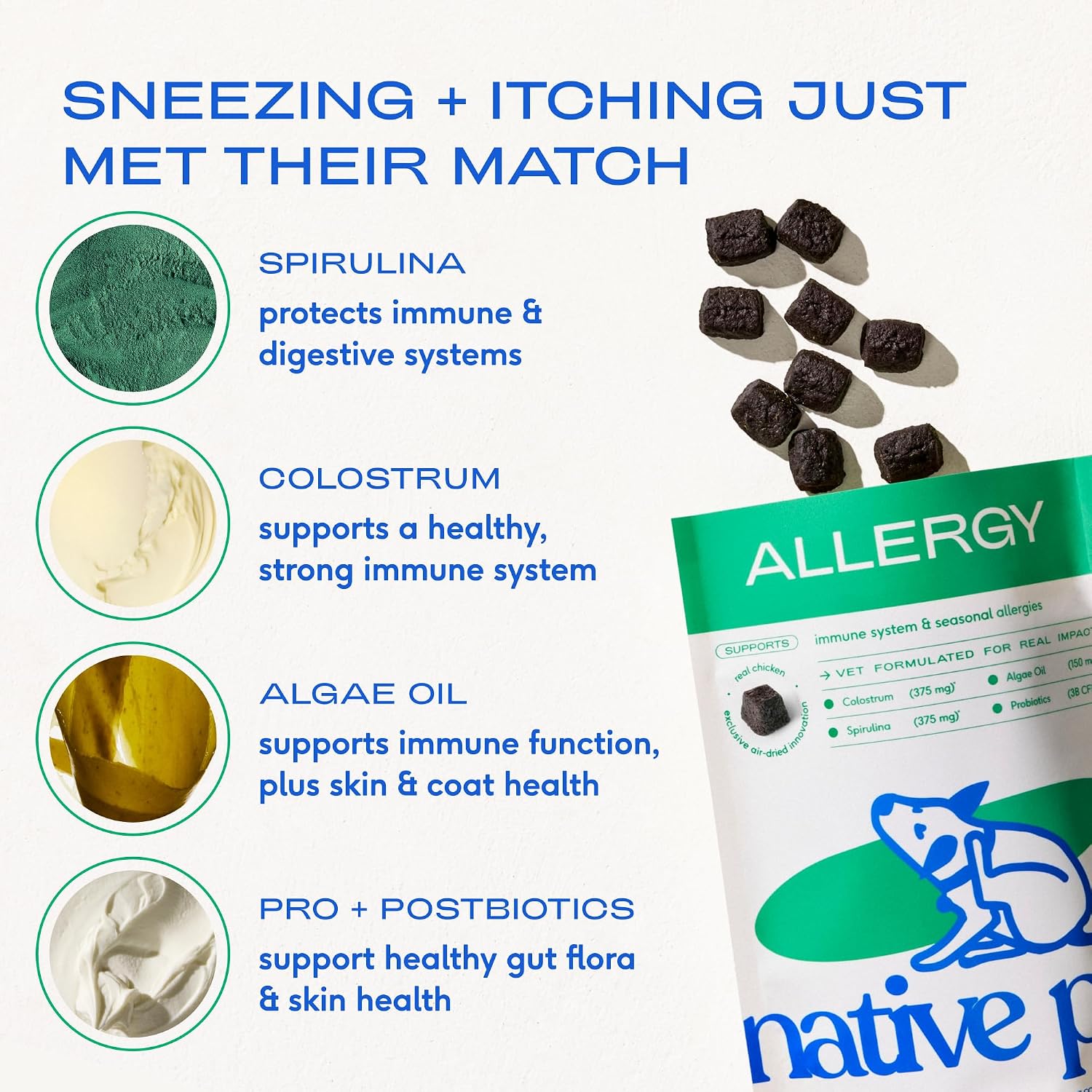 Native Pet Dog Allergy Chews for Medium Breeds - Itchy Skin and Seasonal Itch Support - Colostrum, Probiotics, Spirulina - 30 Chews