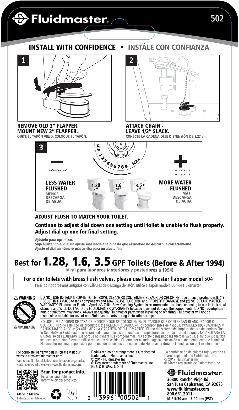 Fluidmaster 502P21 PerforMAX Universal Water-Saving Long Life Toilet Flapper for 2-Inch Flush Valves, Adjustable Solid Frame Design, Easy Install, Red, 1 pack