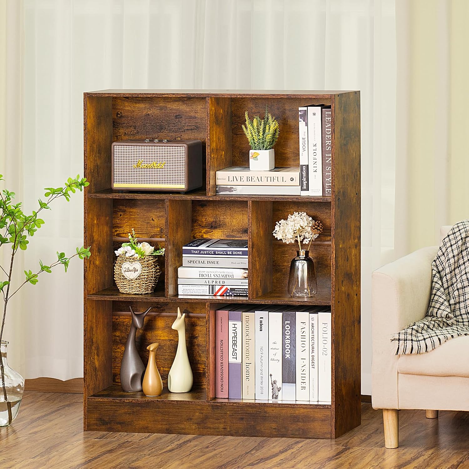 LEYAOYAO 7 Cube Bookshelf with Base,3 Tier Mid-Century Modern Brown Bookcase,Standing Wide Bookshelves Storage Organizer Shelf,Rustic Wood Display Cabinet Book Shelves for Bedroom,Living Room,Office