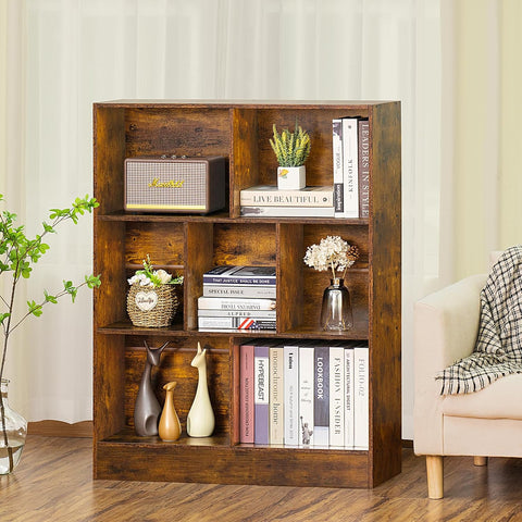 LEYAOYAO 7 Cube Bookshelf with Base,3 Tier Mid-Century Modern Brown Bookcase,Standing Wide Bookshelves Storage Organizer Shelf,Rustic Wood Display Cabinet Book Shelves for Bedroom,Living Room,Office
