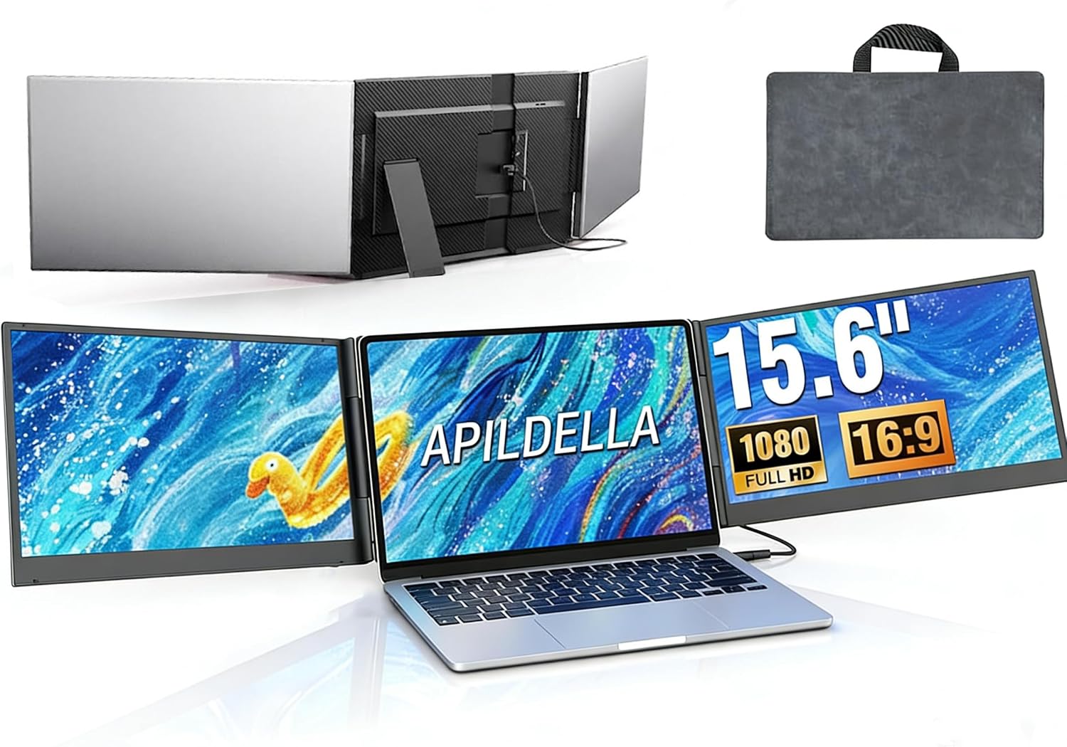 APILDELLA 15.6'' Triple Laptop Screen Extender One Cable Connection, 1080P FHD Laptop Extended Monitor Portable with Speaker, Ultra-Slim Travel Monitor for 13-17.3" Laptops, Work with Mac, Window