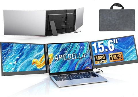 APILDELLA 15.6'' Triple Laptop Screen Extender One Cable Connection, 1080P FHD Laptop Extended Monitor Portable with Speaker, Ultra-Slim Travel Monitor for 13-17.3" Laptops, Work with Mac, Window