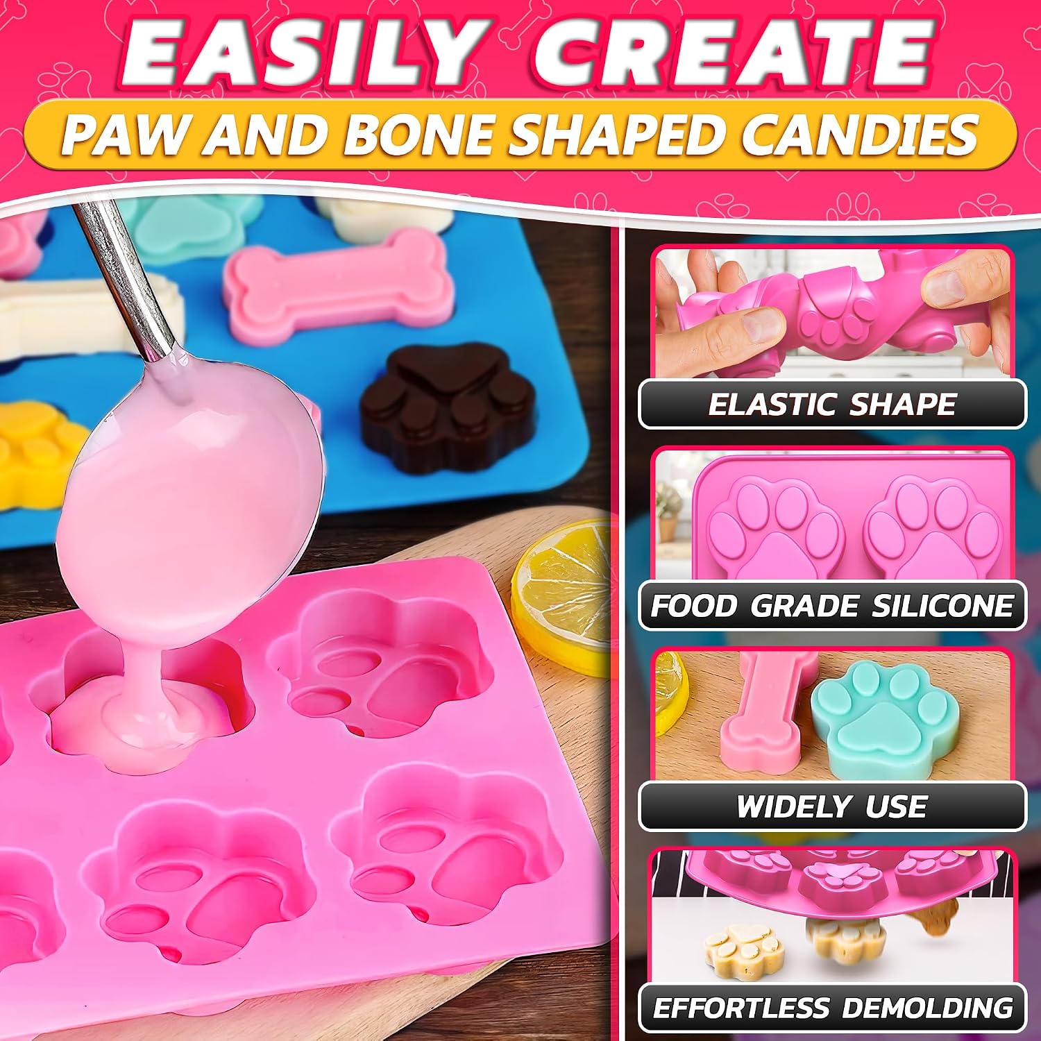 2 Pcs Frozen Dog Treat Molds Silicone, Bone & Paw Print, Non-Stick