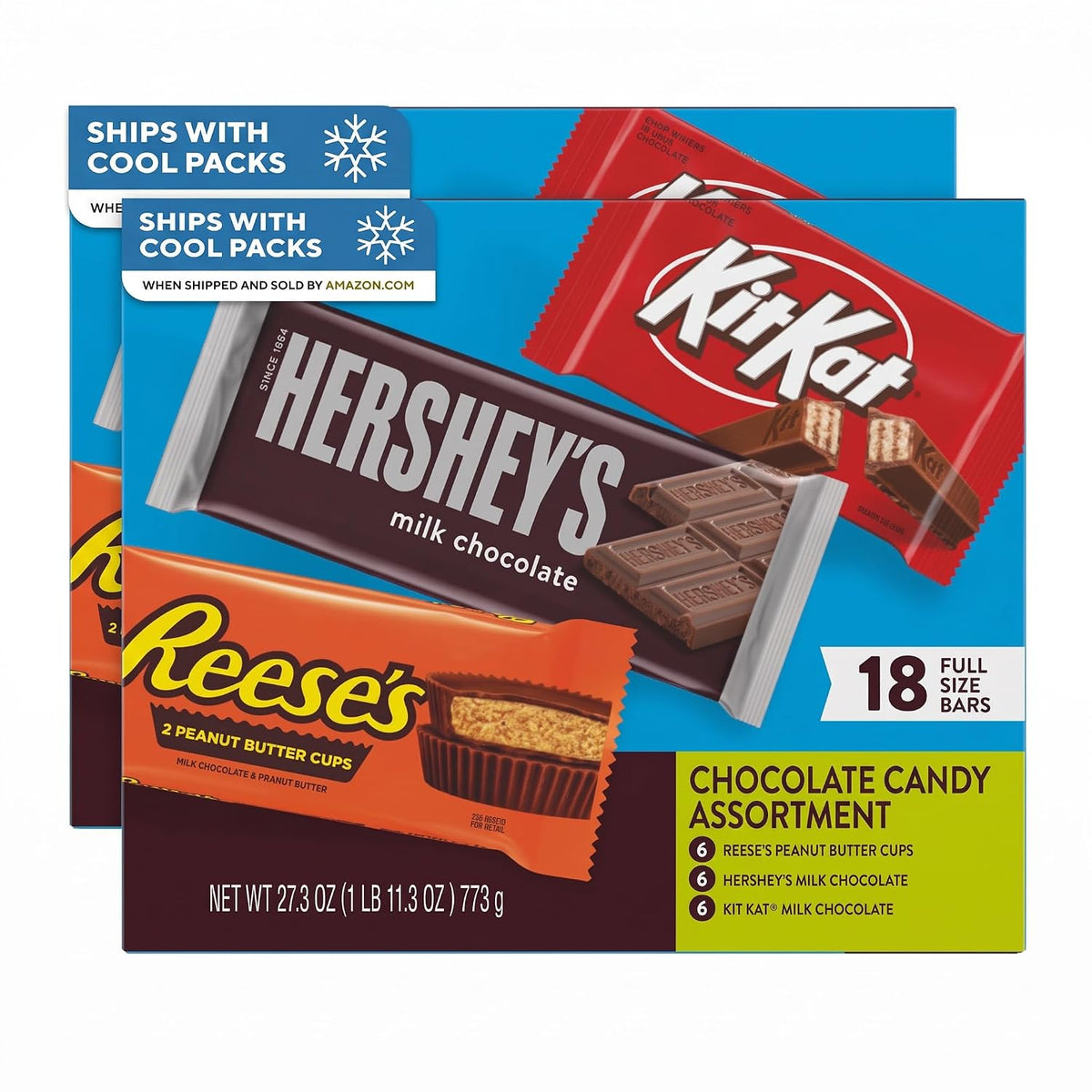 HERSHEY'S, KIT KAT and REESE'S Assorted Milk Chocolate, Full Size Bars Variety Box, 27.3 oz - 18 Count (Pack of 2)